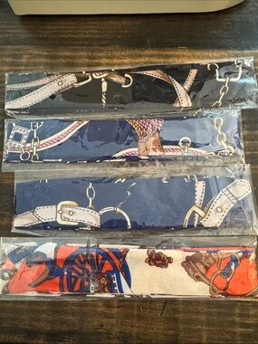 Chain Print Silk Twilly Set - Navy, Black, Cream, Coral Accents